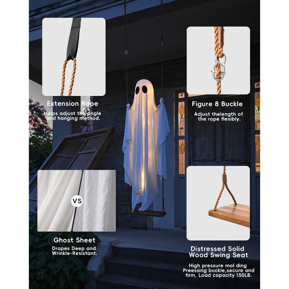 Halloween Decorations Outdoor - 5 FT Large Hanging Swing Ghost Halloween Decor w - Picture 6 of 8